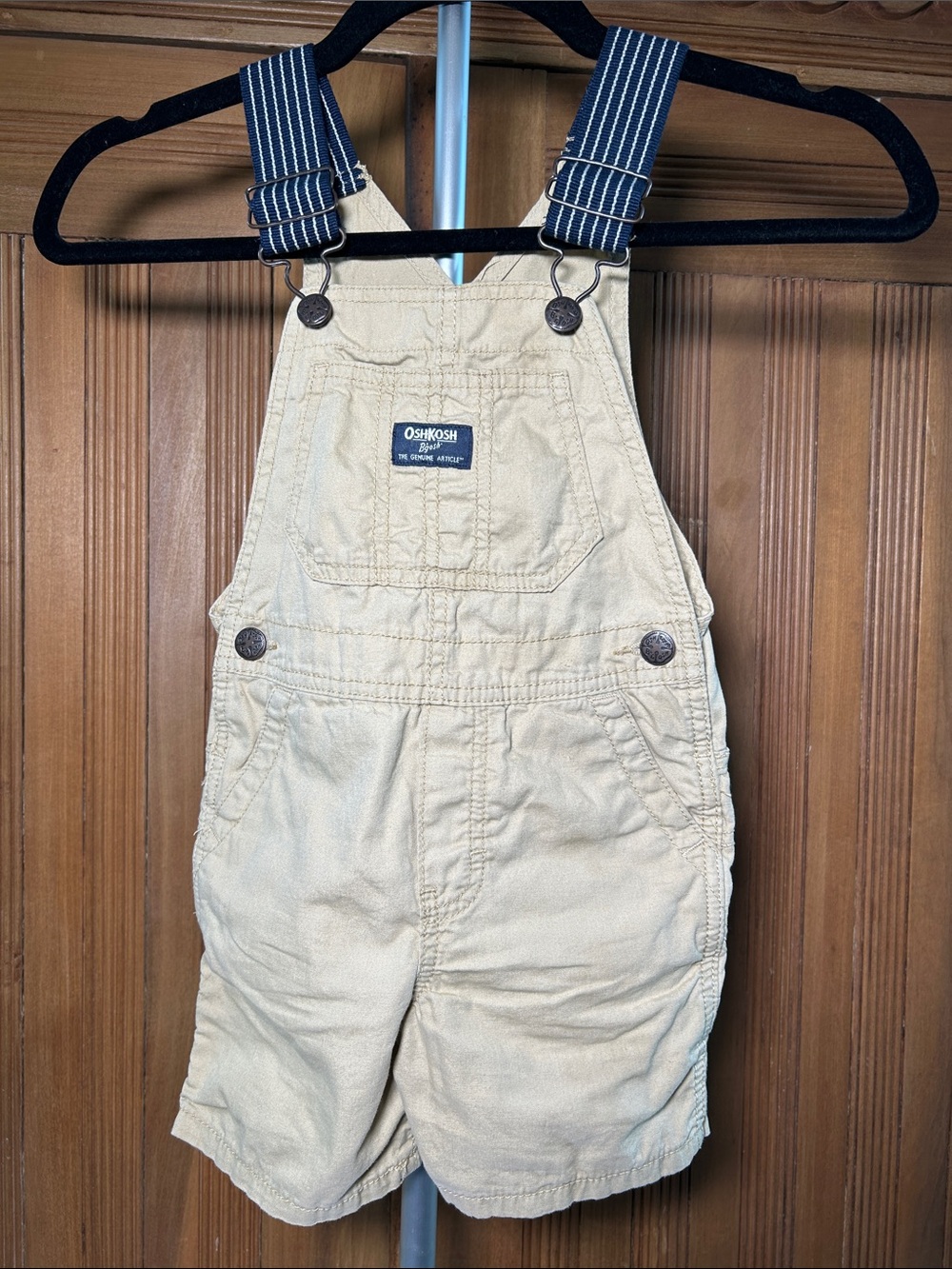 OshKosh B'gosh Beige Shortalls with Navy Striped Straps